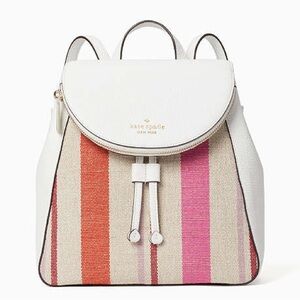 Kate Spade Leila Medium Flap Striped Canvas Colorful Backpack Pebble Leather EUC